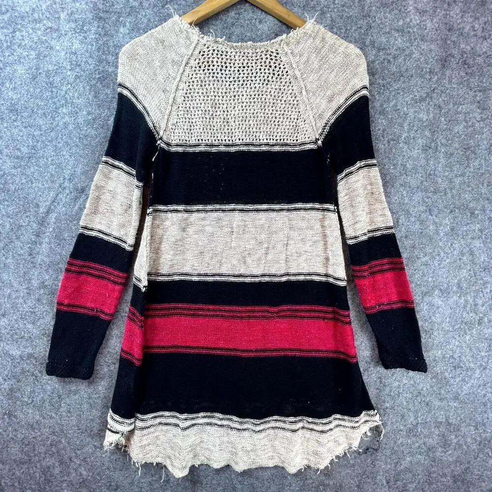 Free People Long Tunic‎ Sweater Womens Small Striped High Low Hem Fray Open Knit